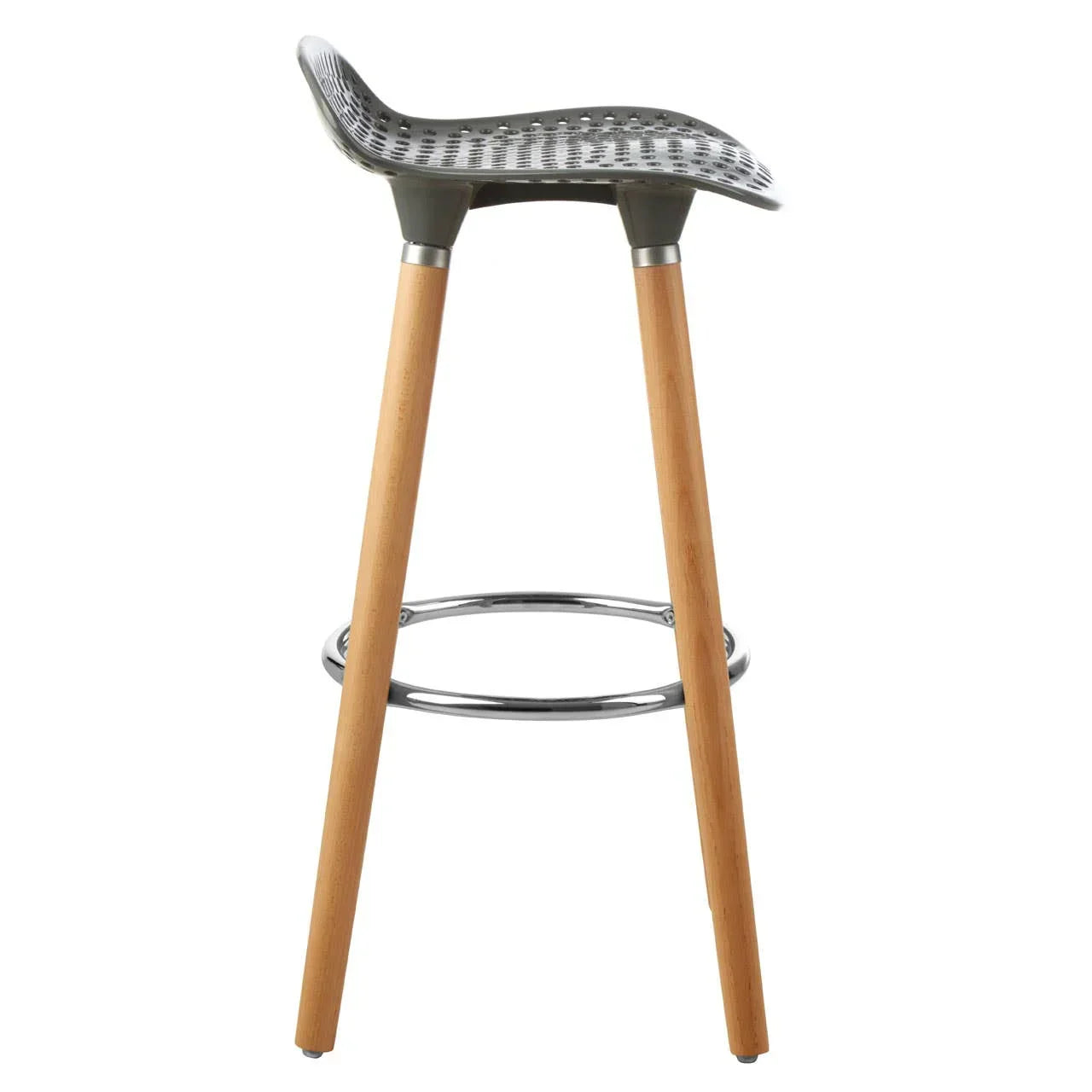 Modern bar stool with perforated grey seat, wooden legs and chrome footrest