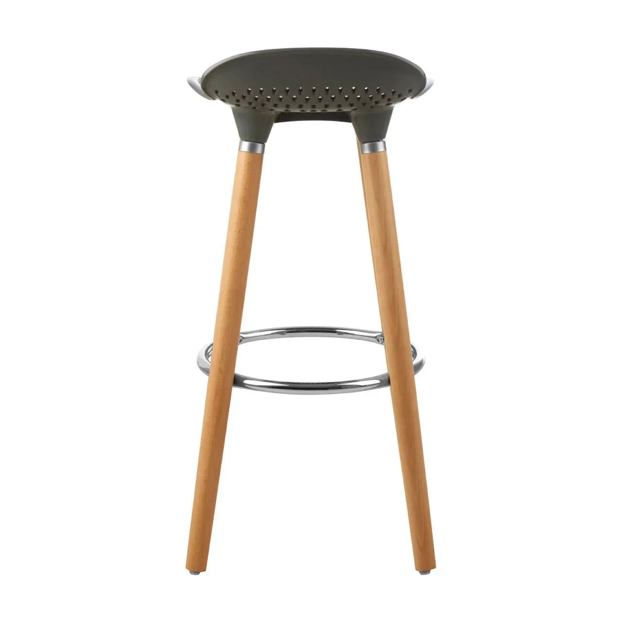 Modern bar stool with wooden legs, grey perforated seat and metal footrest