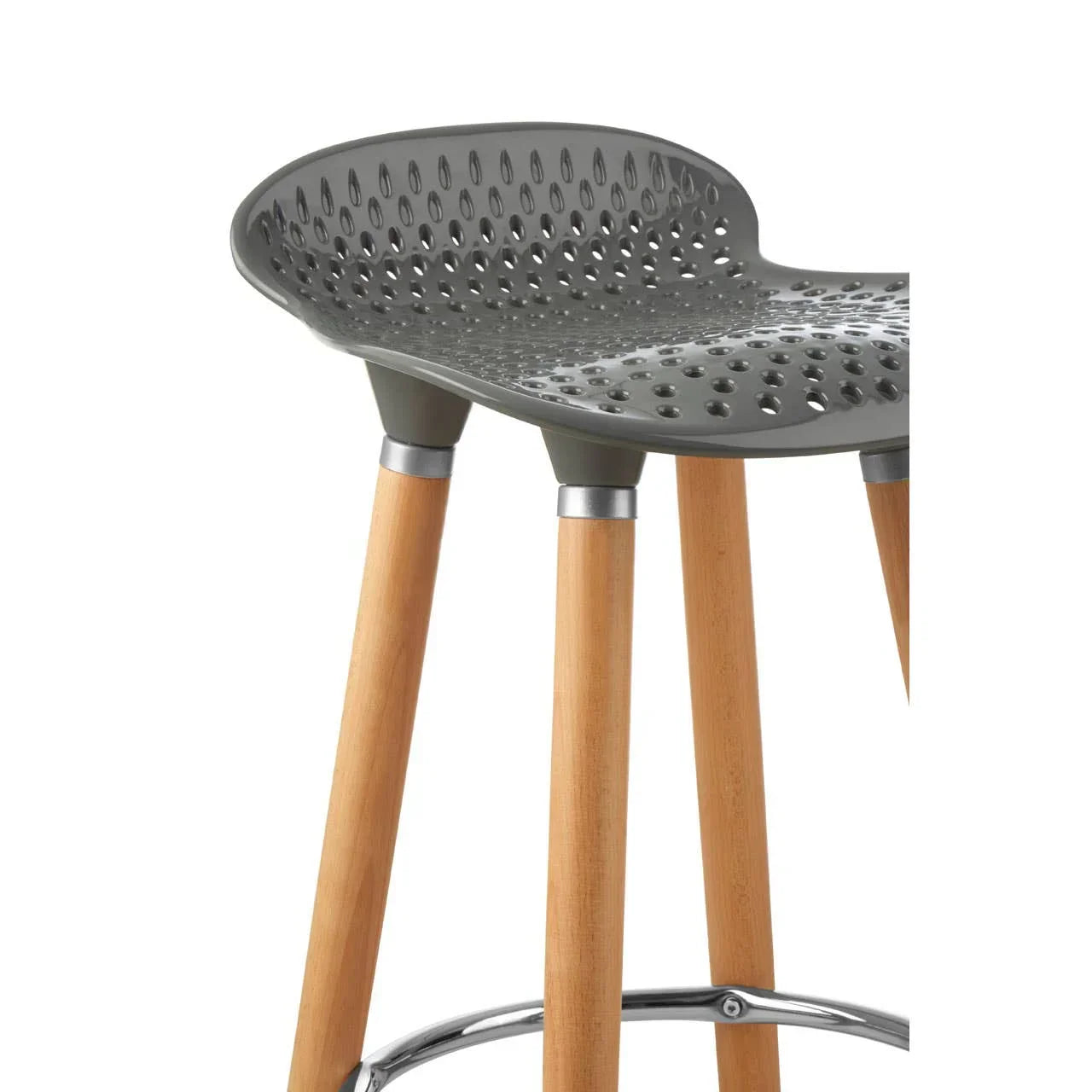 Grey perforated plastic bar stool seat with wooden legs and metal footrest