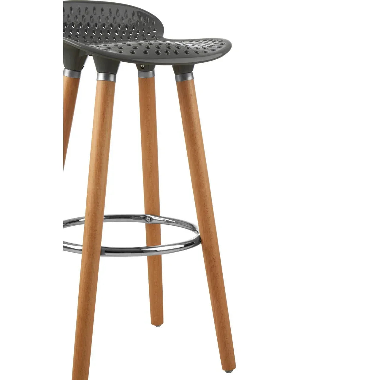 Grey plastic bar stool with wooden legs and chrome footrest, close-up side view
