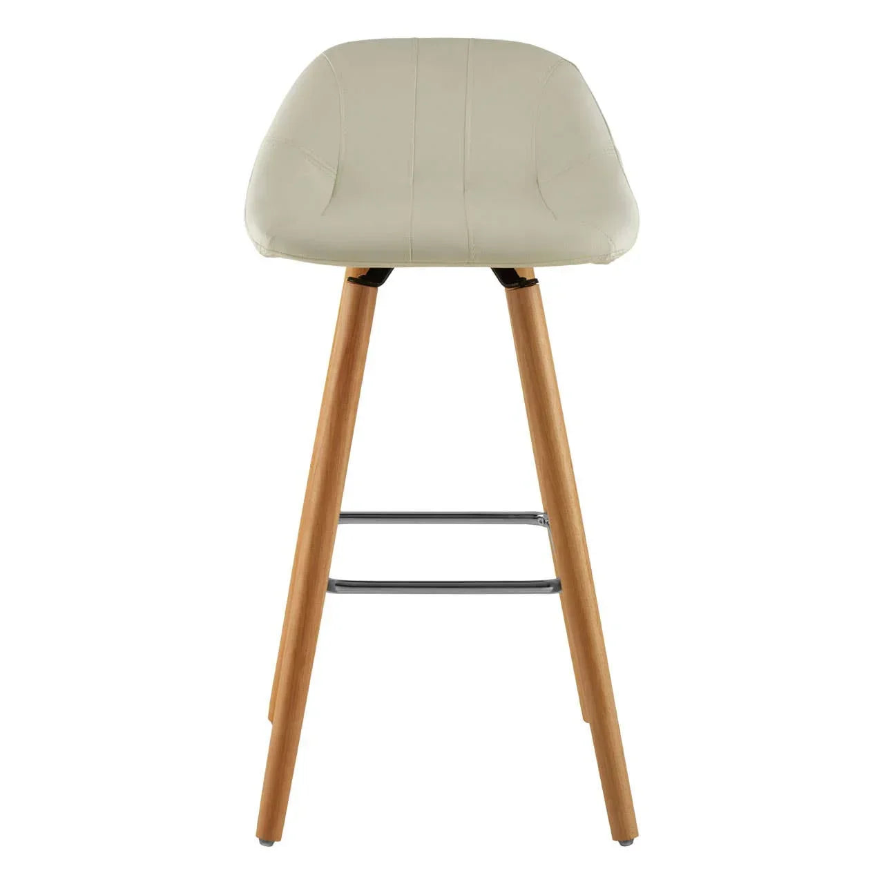 Beige bar stool with padded seat, wooden legs and metal footrest, front view