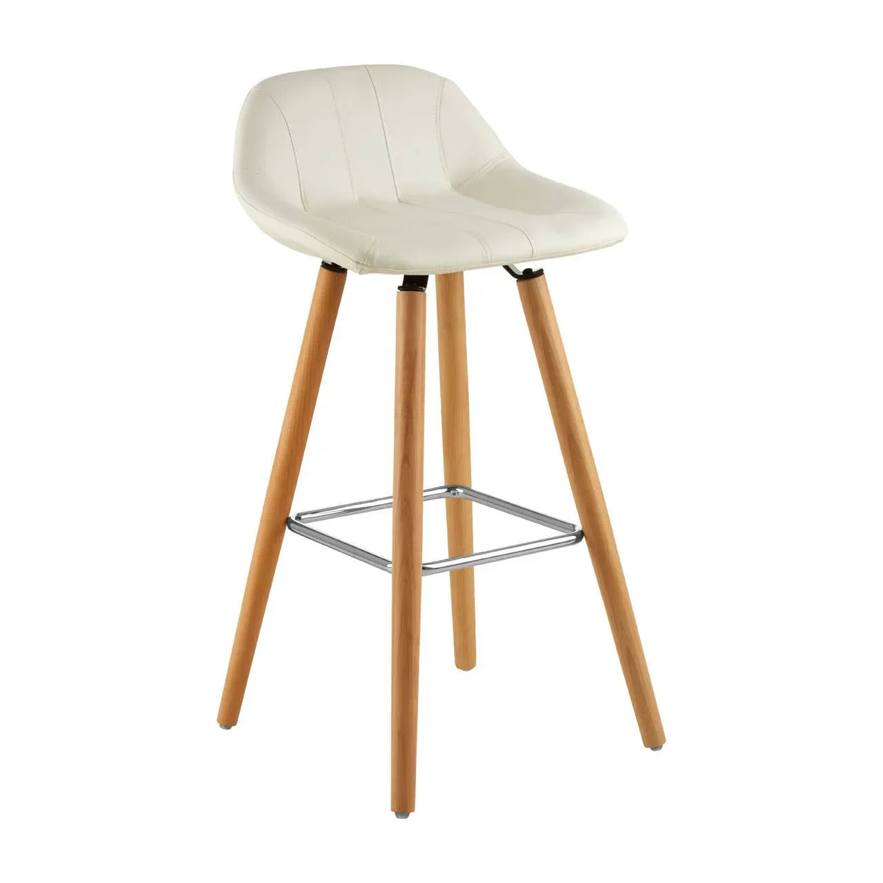 Cream bar stool with padded seat, wooden legs, and metal footrest on white background
