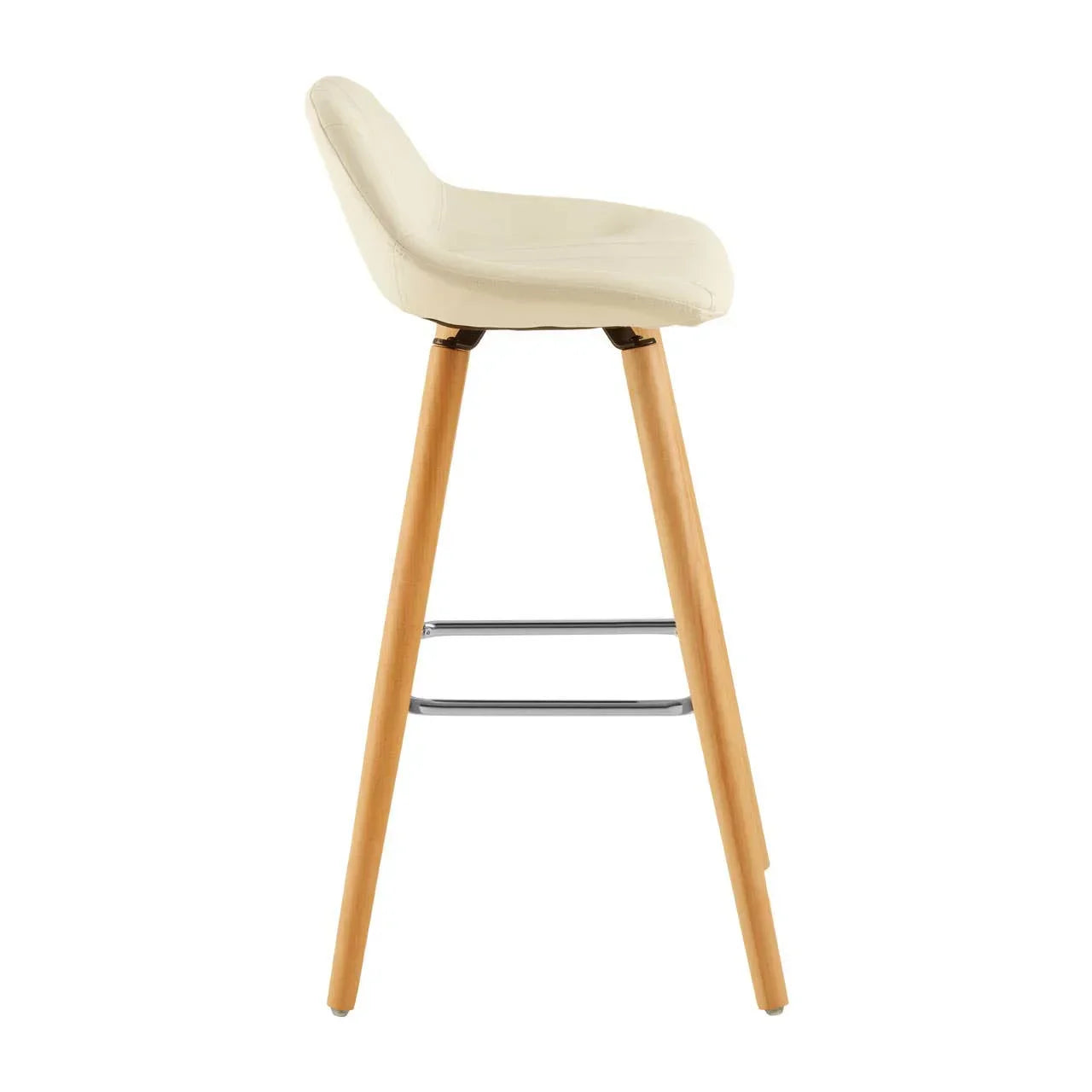 Cream bar stool with cushioned seat, wooden legs, and metal footrest, side view