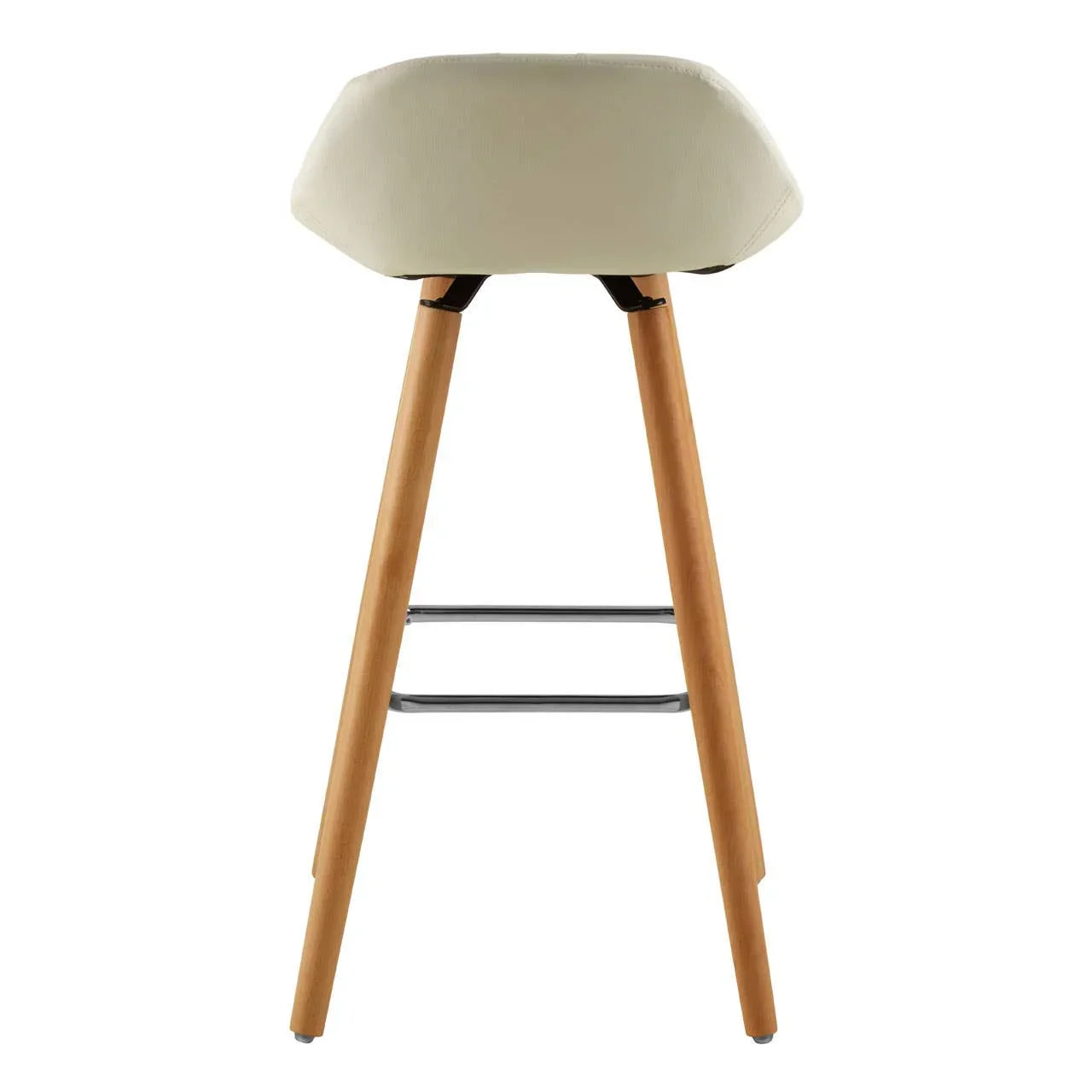 Cream bar stool with wooden legs and metal footrests, rear view