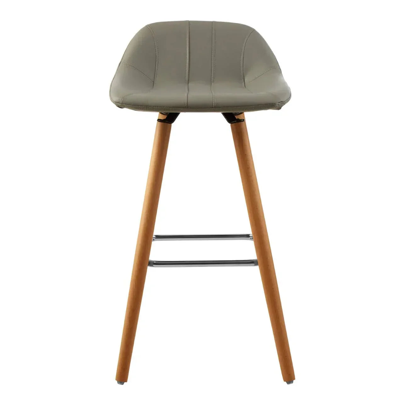 Taupe bar stool with padded seat, wooden legs, and chrome footrest front view