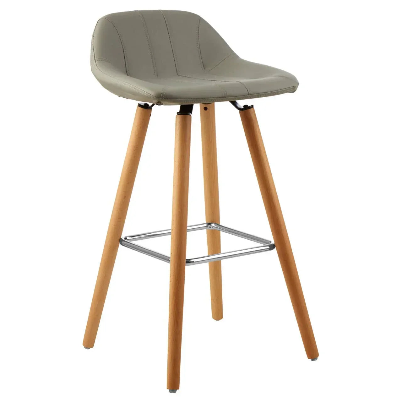 Grey bar stool with padded seat, wooden legs, and chrome footrest on white background