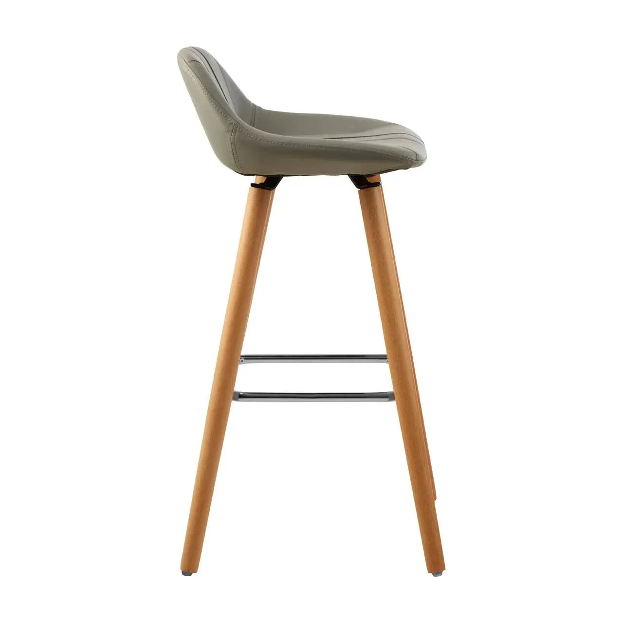 Grey bar stool with upholstered seat and wooden legs, side profile view