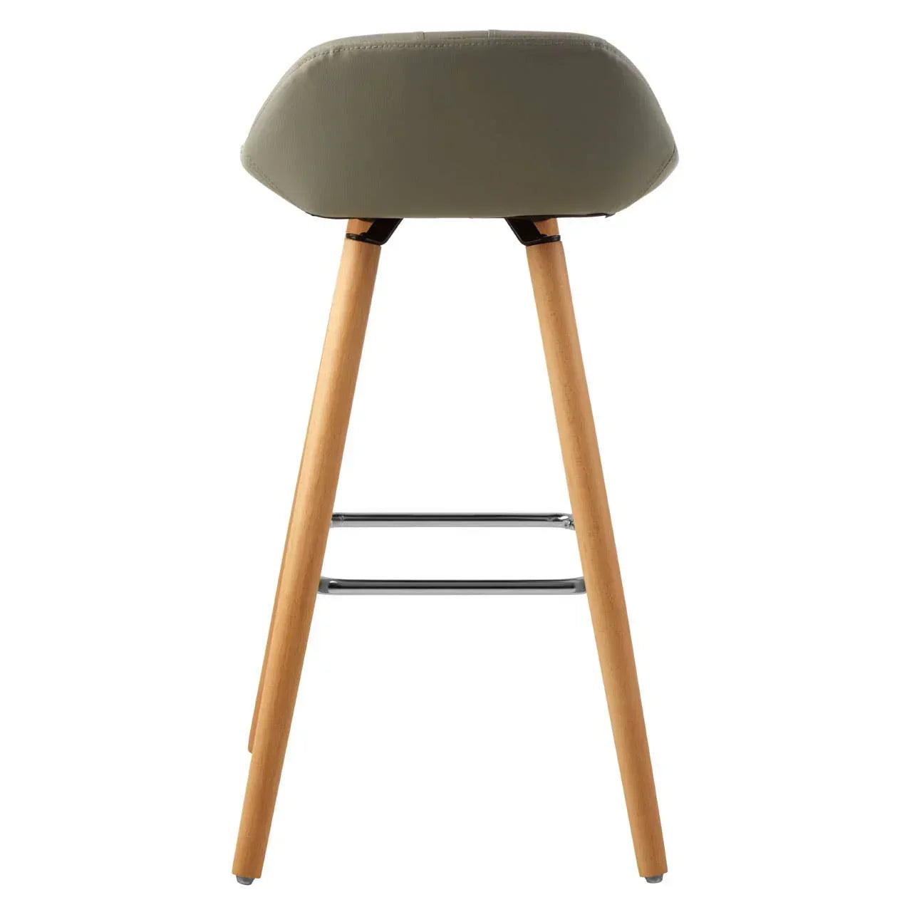 Modern bar stool with light wood legs and olive green upholstered seat, rear view