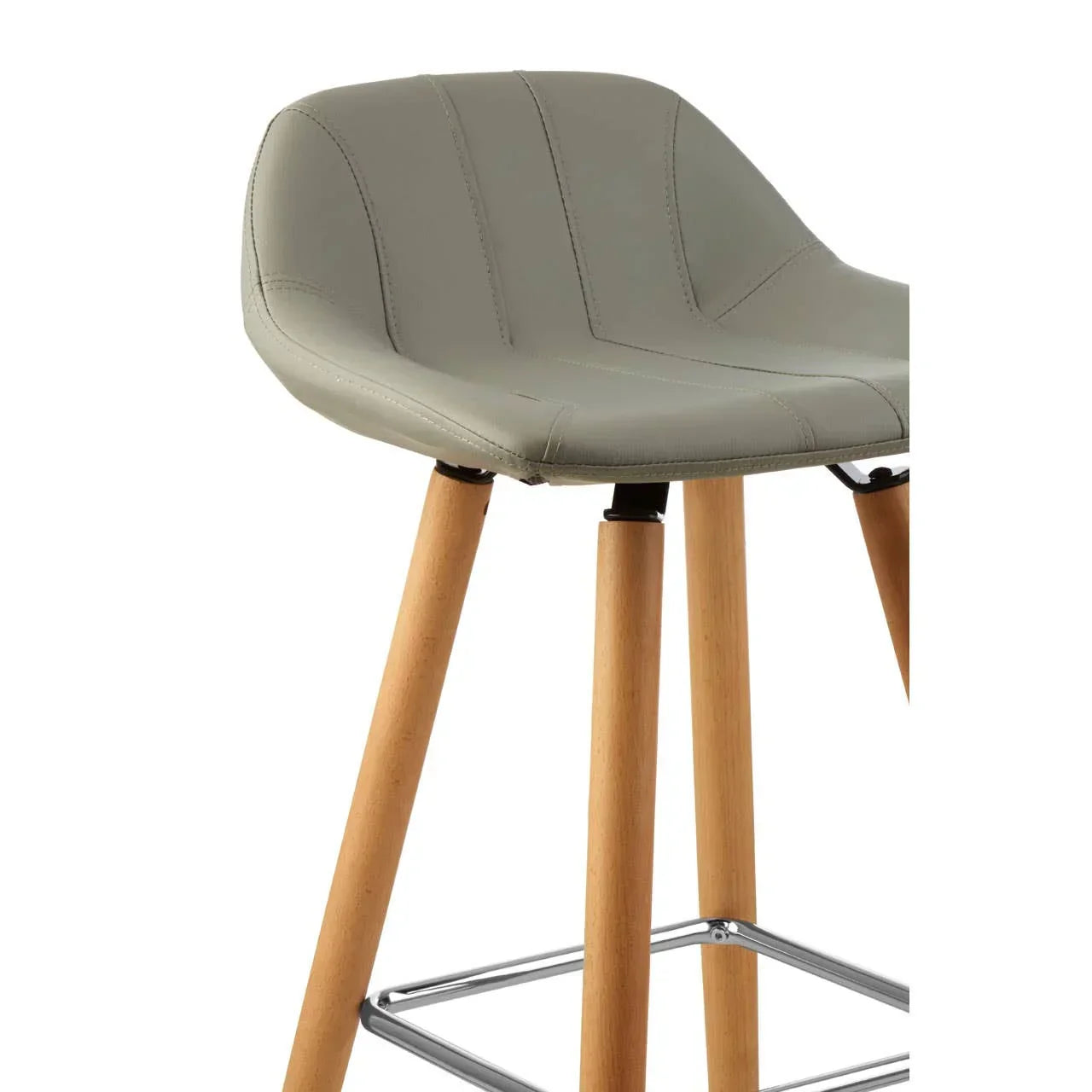 Grey bar stool with padded seat, wooden legs, and chrome footrest, side angle view