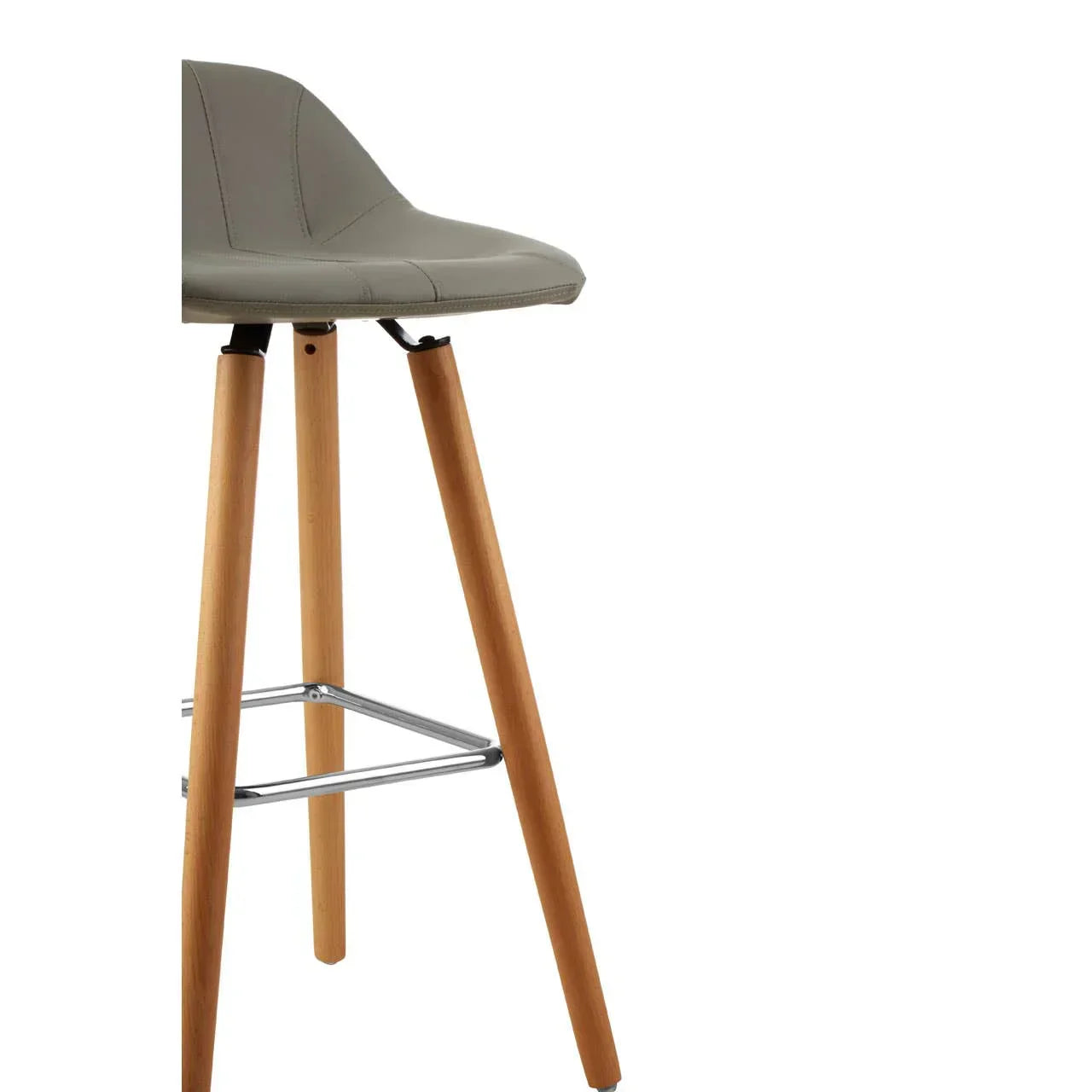 Grey bar stool with wooden legs and metal footrest, side view
