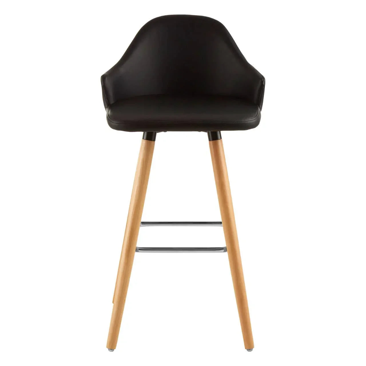 Black bar stool with wooden legs and metal footrest, front view