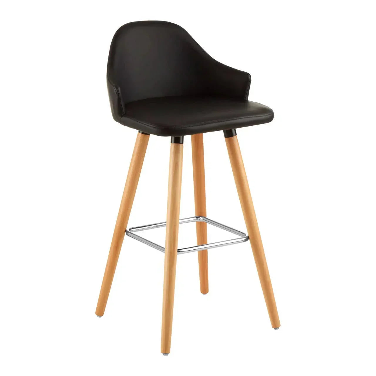 Black bar stool with padded seat, angled wooden legs and chrome footrest