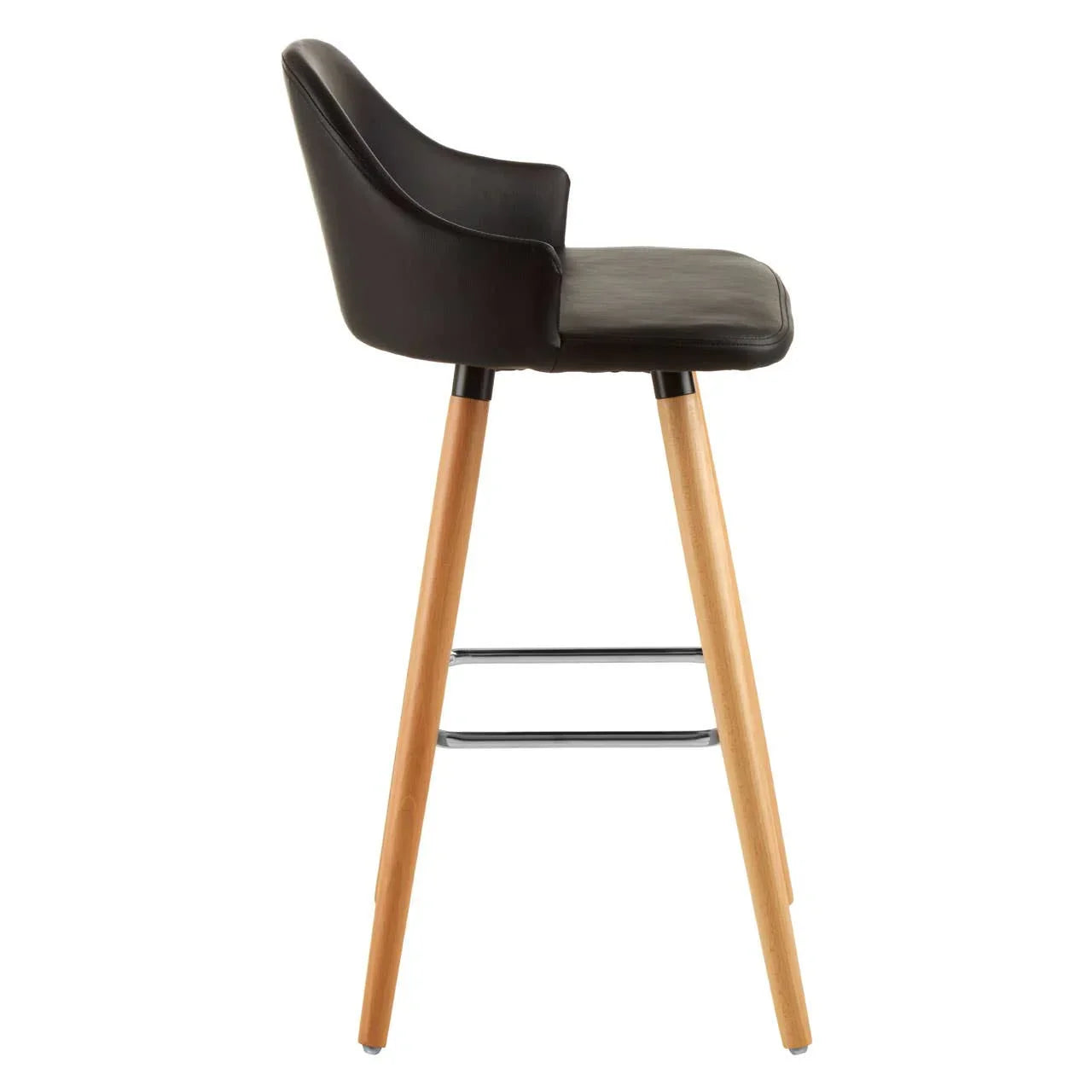 Black bar stool with wooden legs and metal footrest, side view