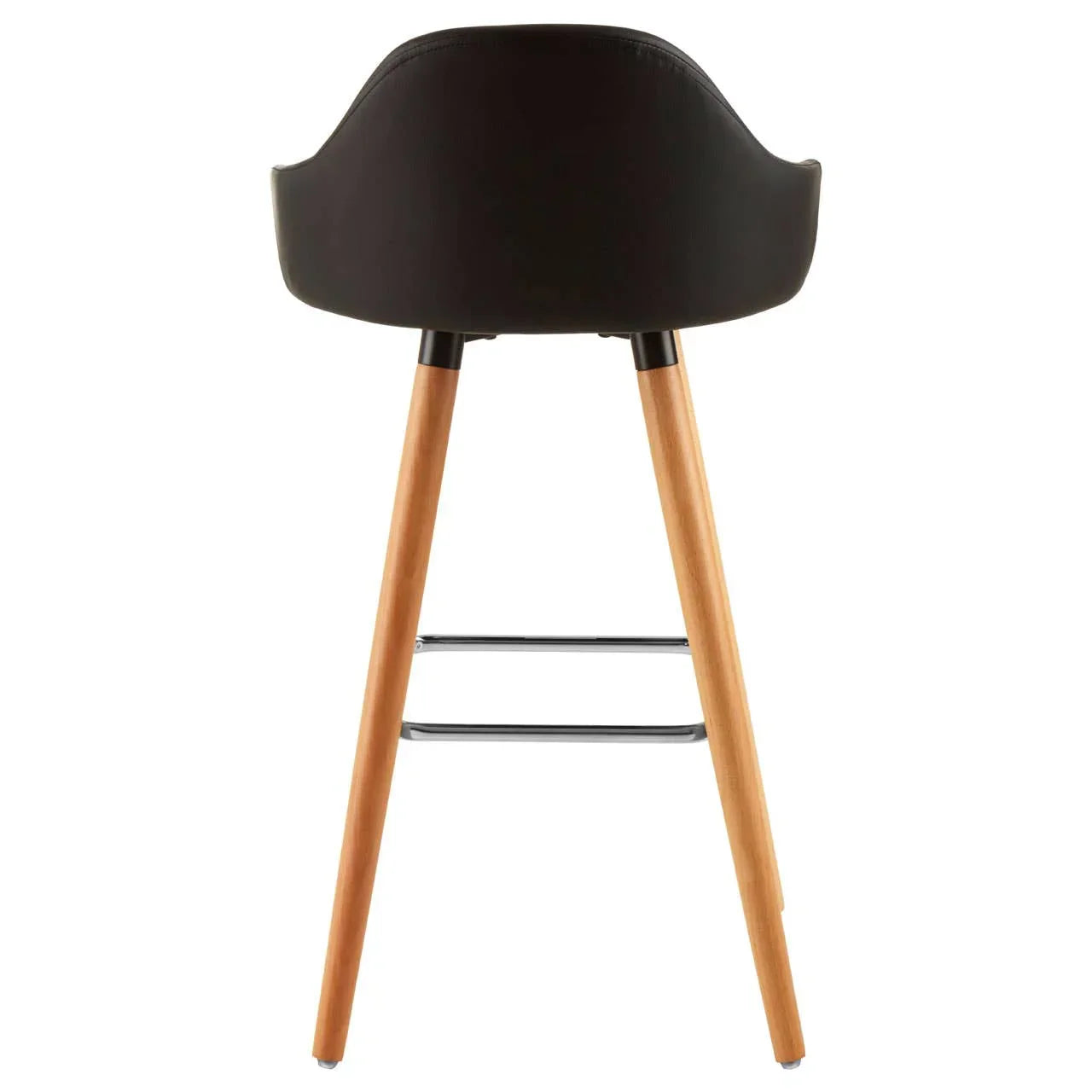 Modern bar stool with black curved seat and wooden legs, rear view