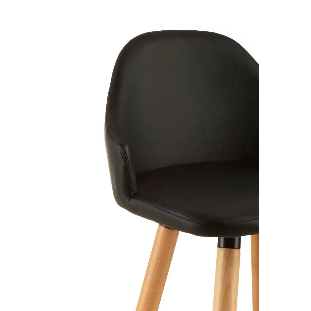 Black bar stool with curved seat and wooden legs, close view of seat detail