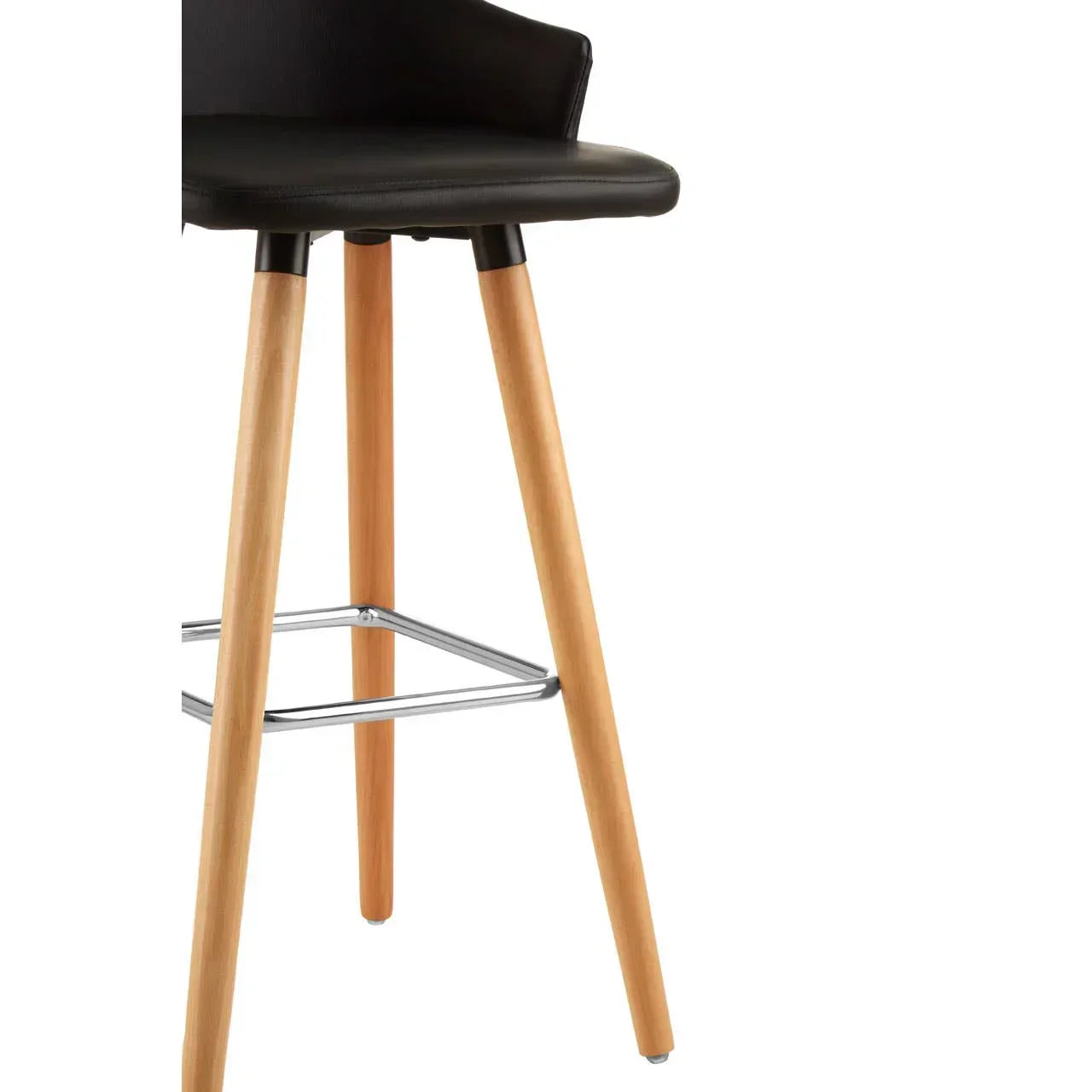 Black bar stool with wooden legs and metal footrest, angled side view