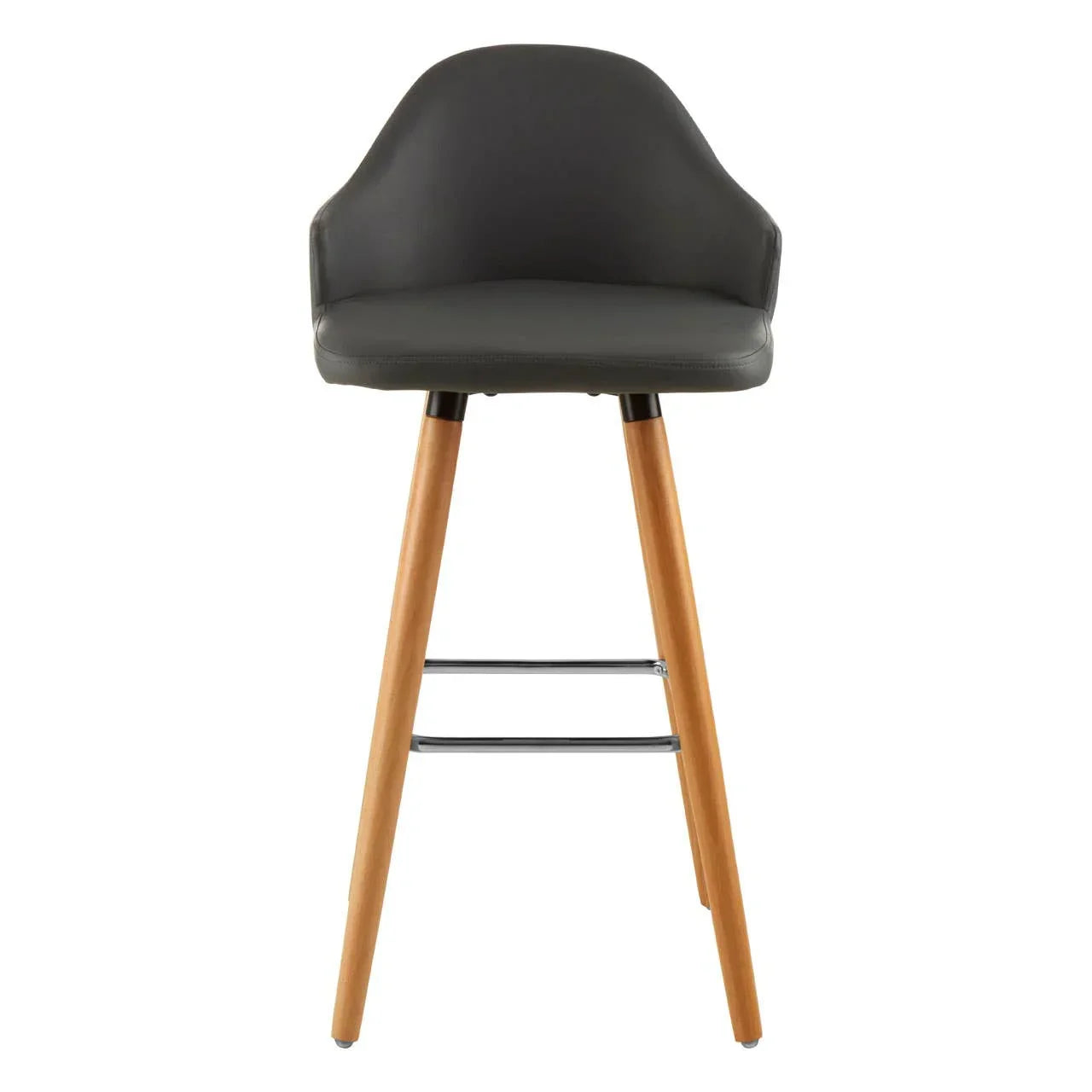 Black bar stool with curved backrest, wooden legs, and metal footrest front view