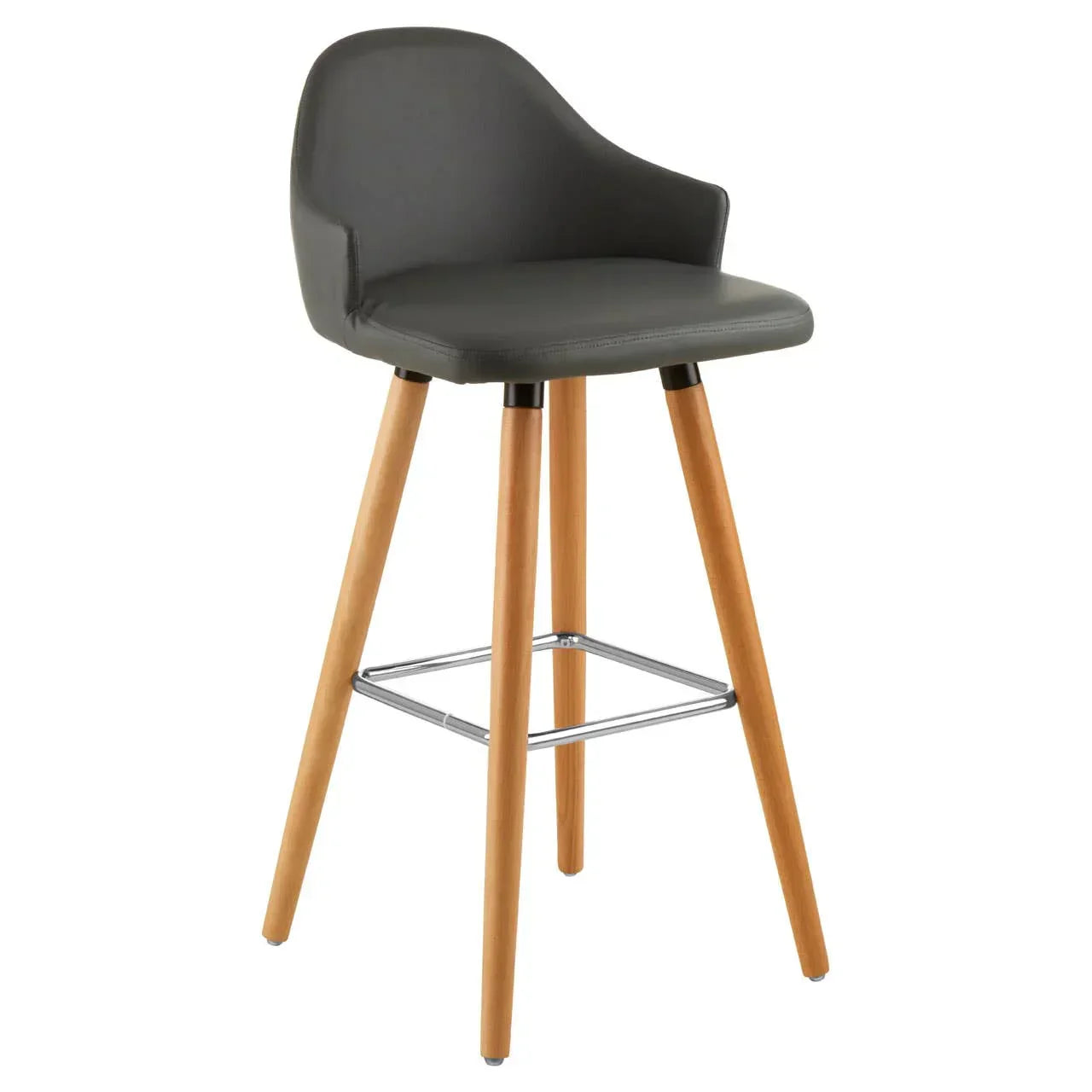 Grey bar stool with padded seat, low backrest, wooden legs, and chrome footrest