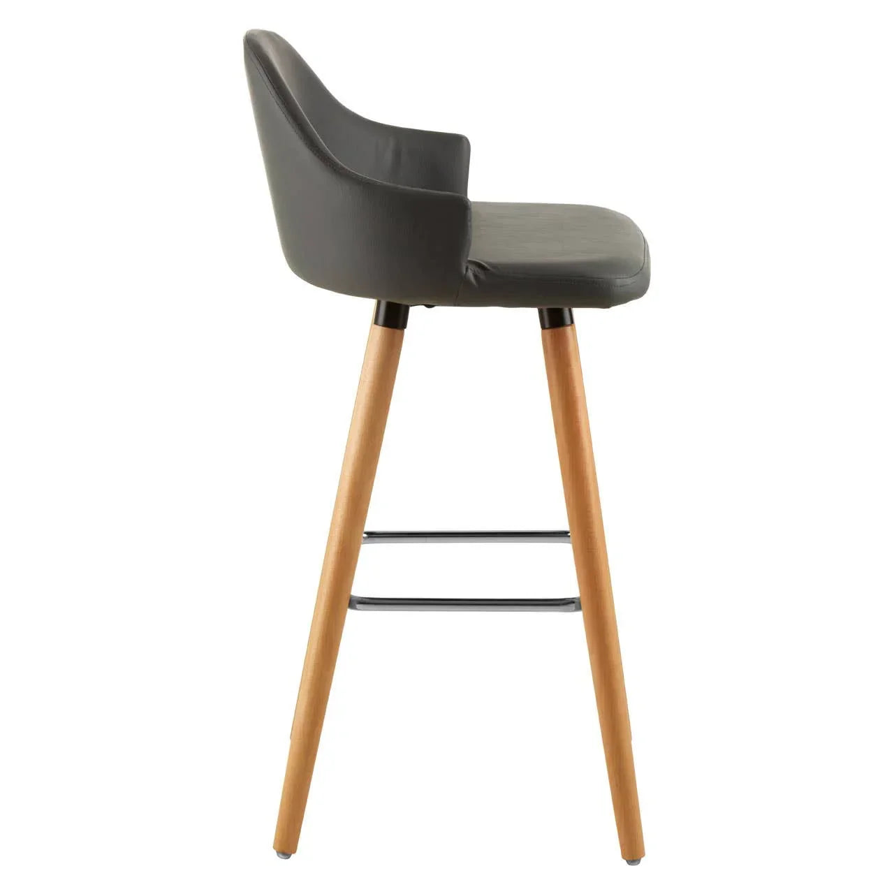 Black bar stool with cushioned seat and wooden legs, side profile view