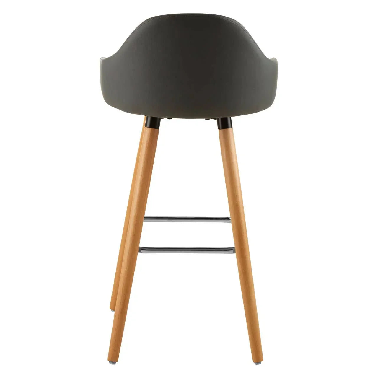 Back view of modern bar stool with curved dark seat and wooden legs