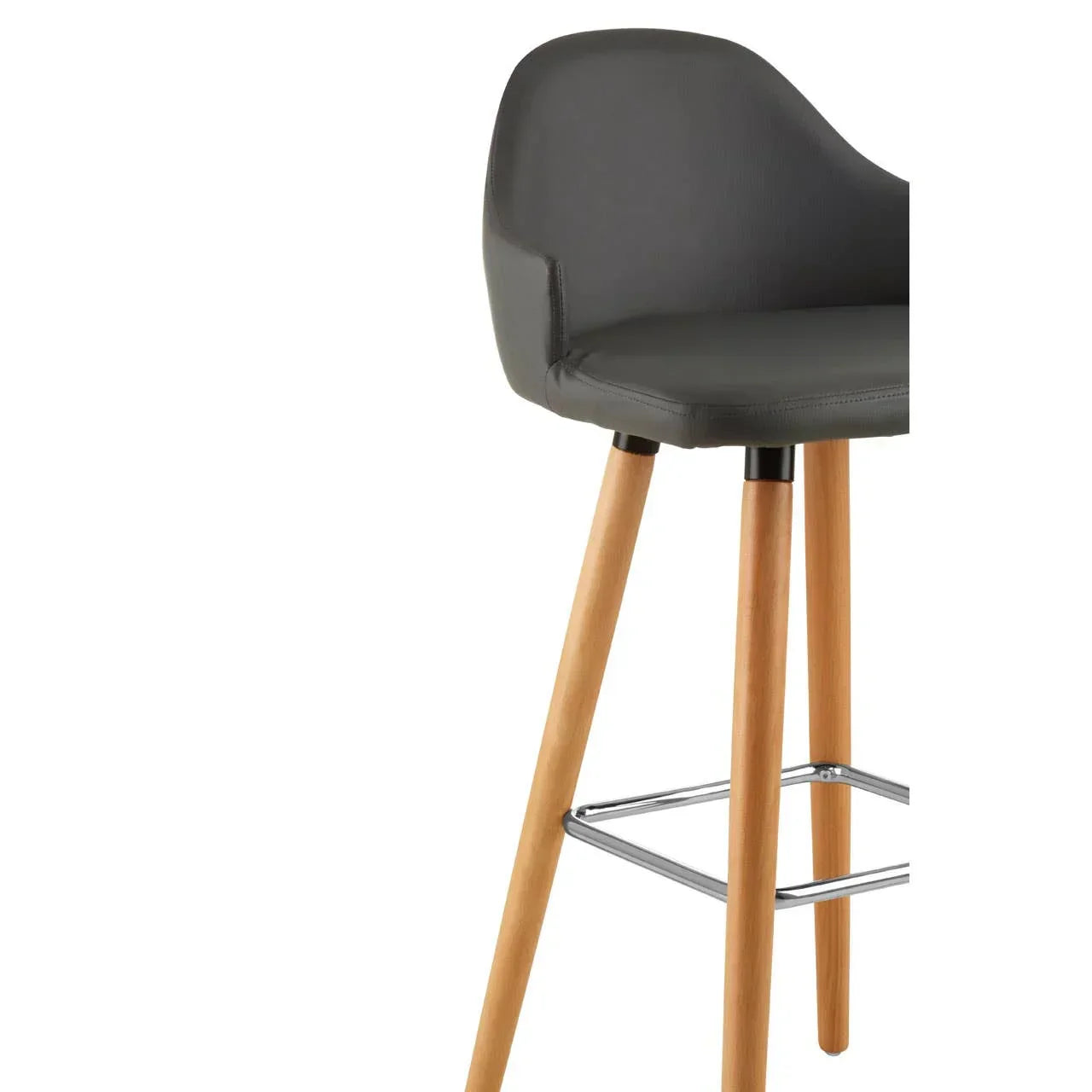 Grey bar stool with curved backrest, wooden legs, and metal footrest, side view