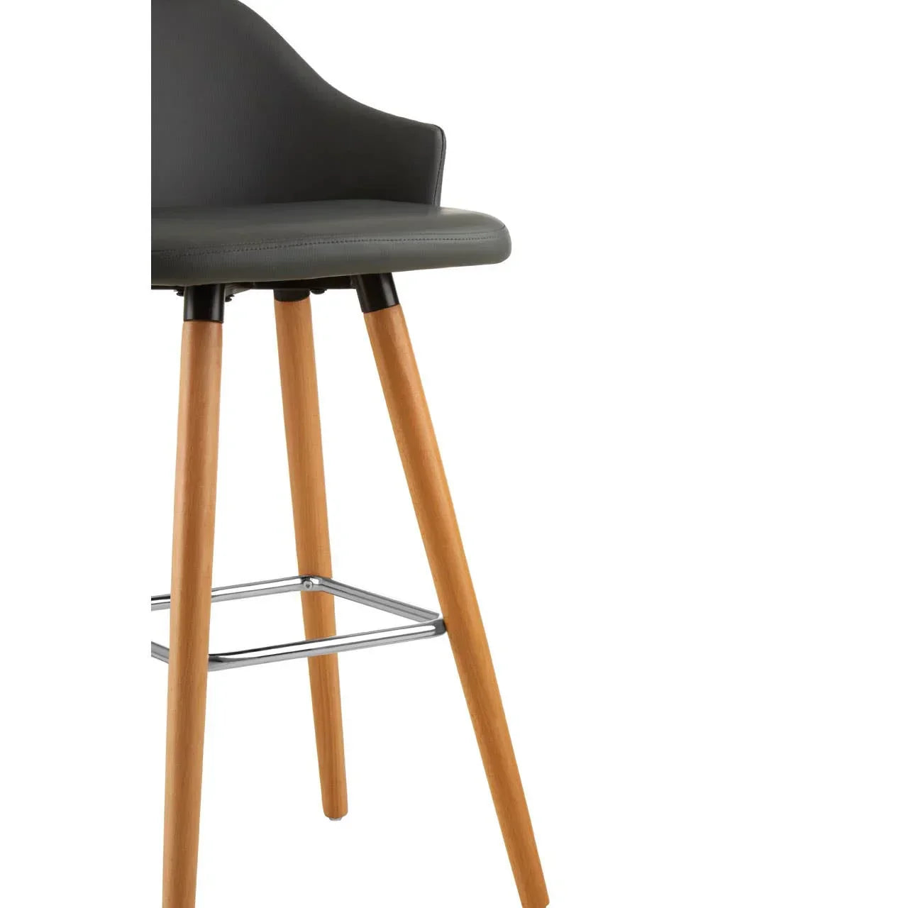 Modern bar stool with black seat, wooden legs and chrome footrest, side angle view