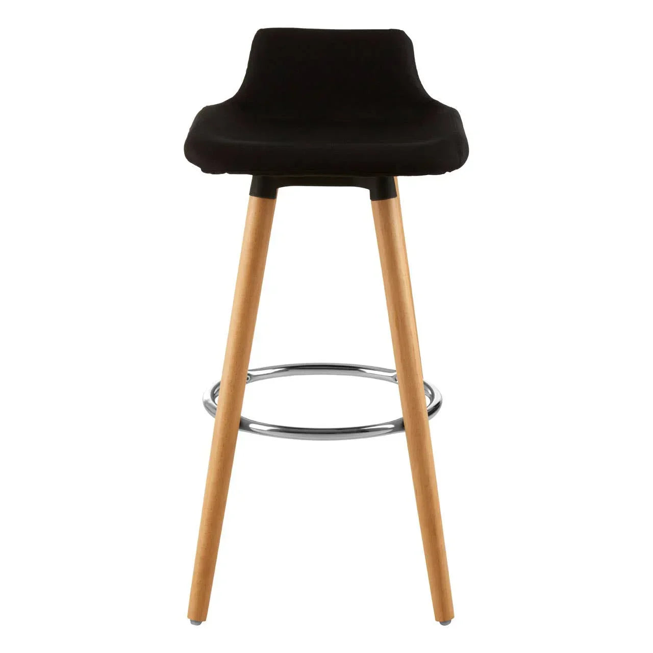 Black bar stool with wooden legs and chrome footrest, front view