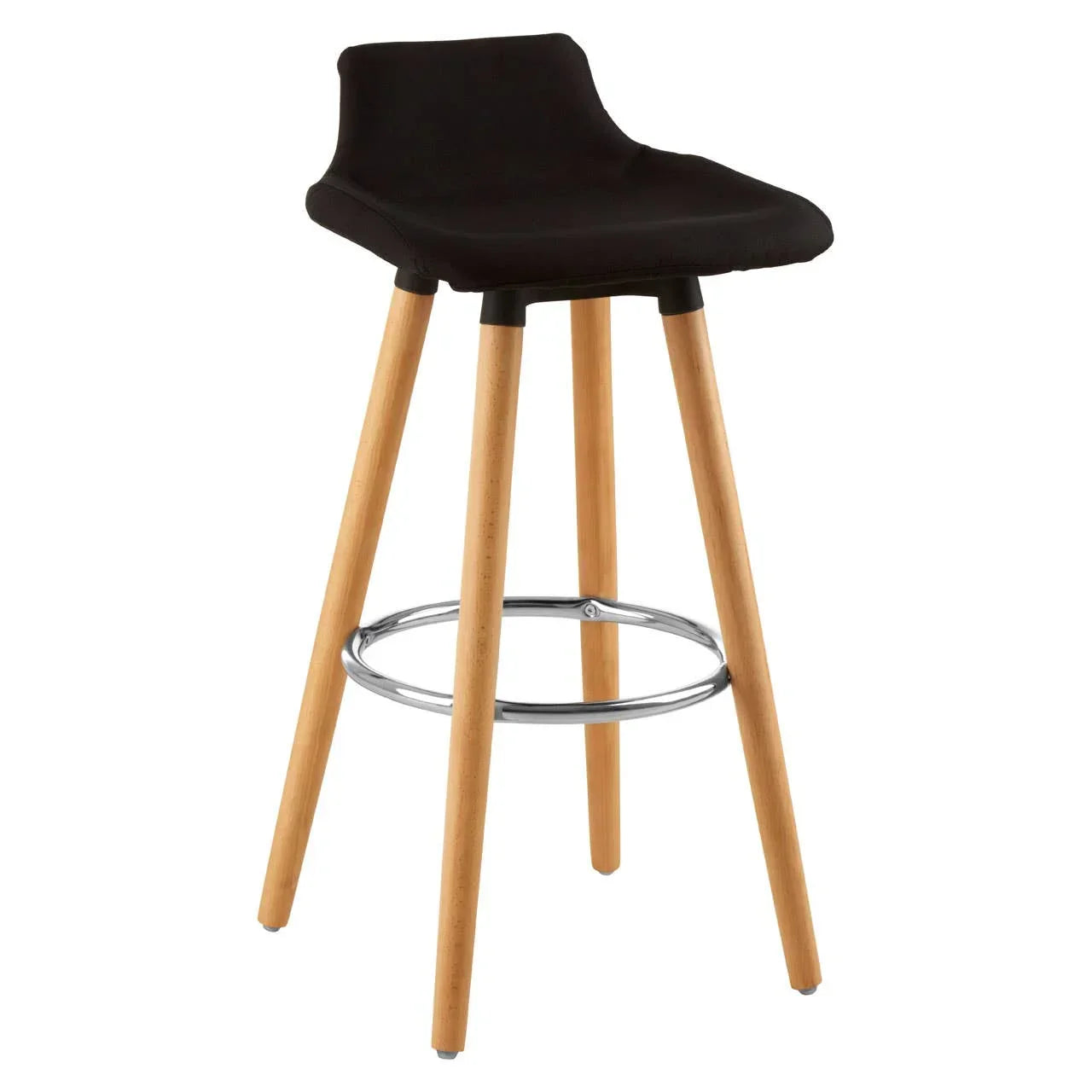 Black bar stool with wooden legs and chrome footrest, modern kitchen seating