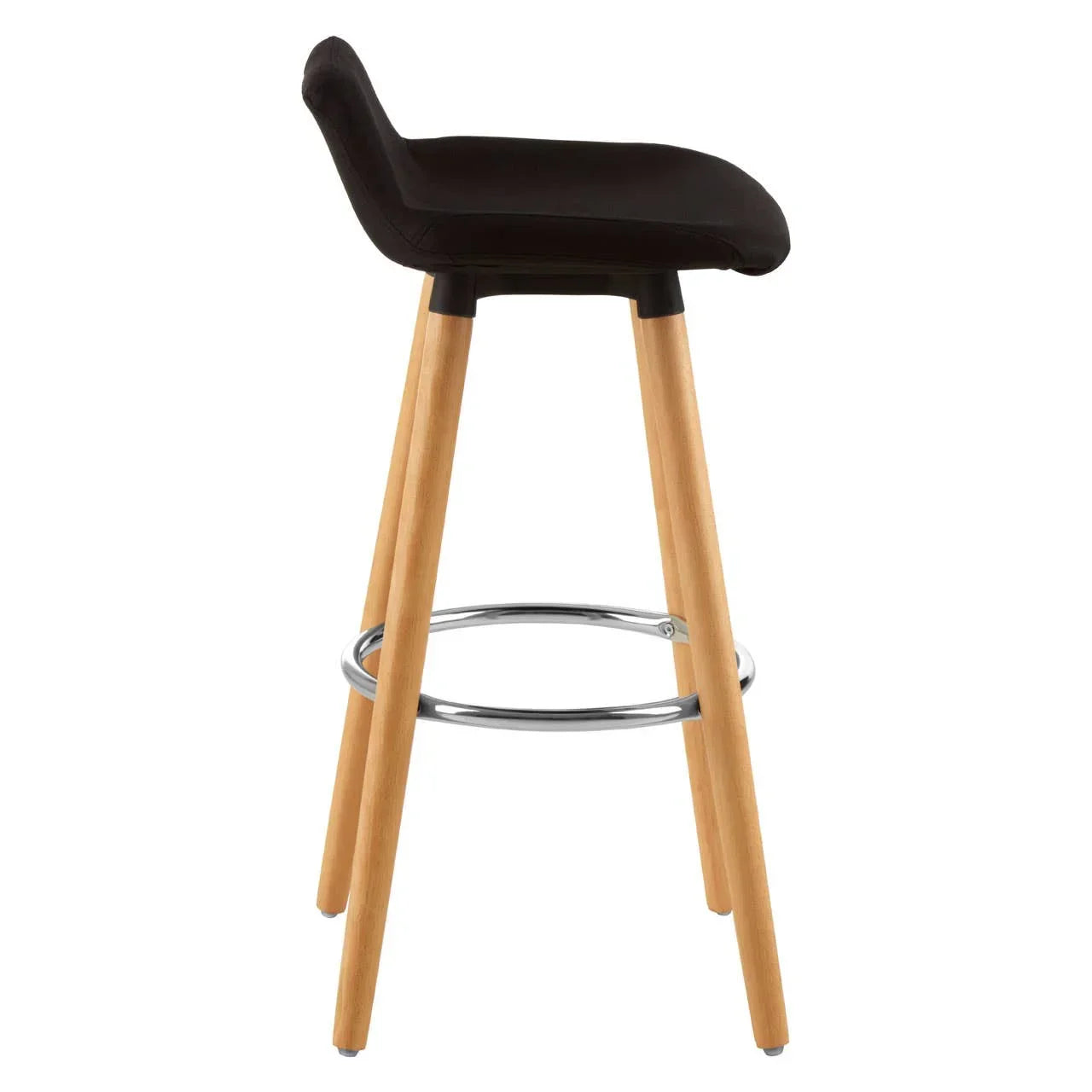 Black bar stool with cushioned seat, wooden legs, and chrome footrest side view