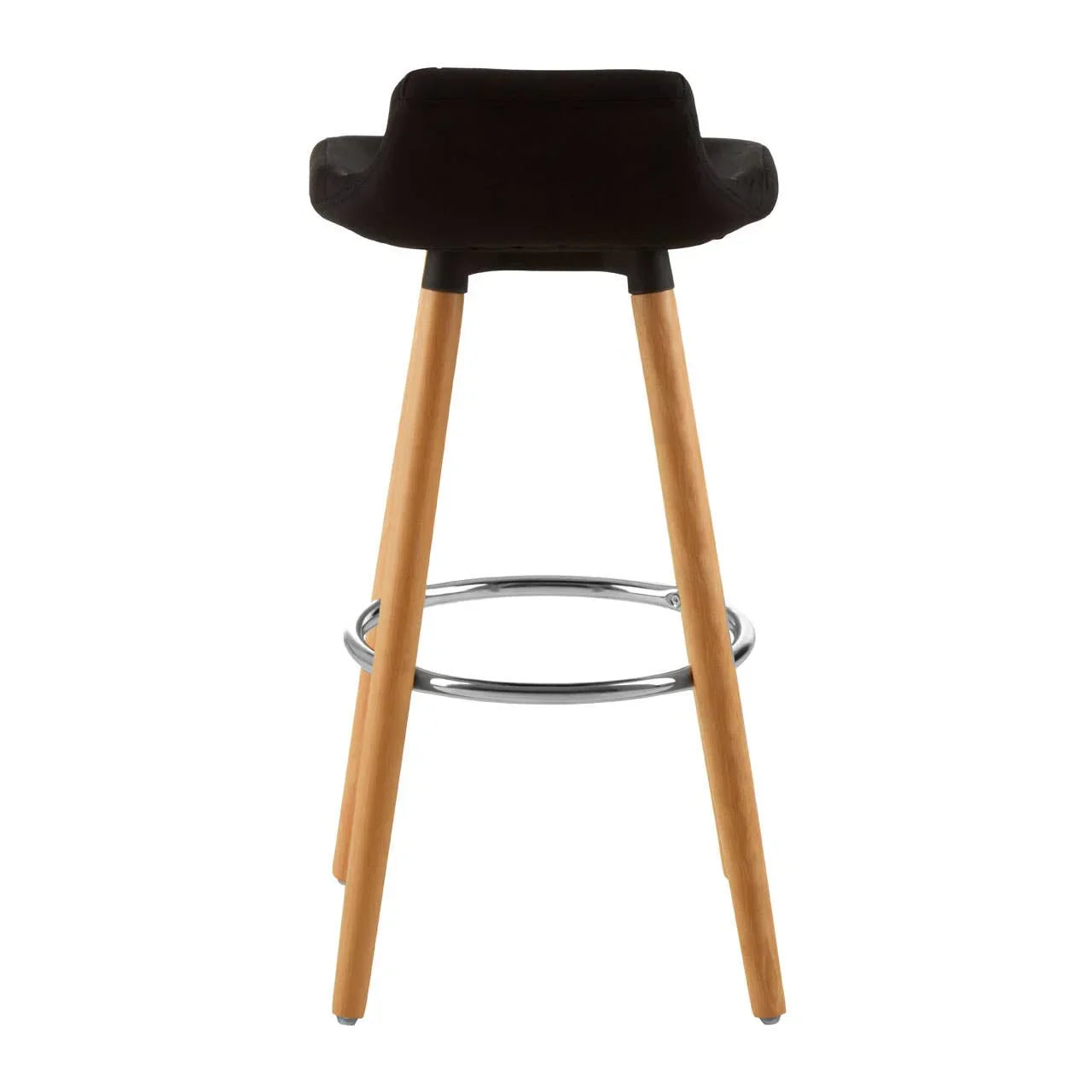 Black bar stool with wooden legs and chrome footrest, rear angle view