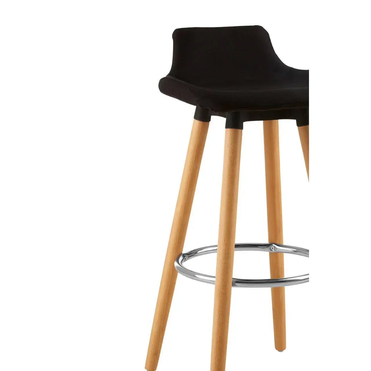 Black bar stool with wooden legs and chrome footrest, partial side view