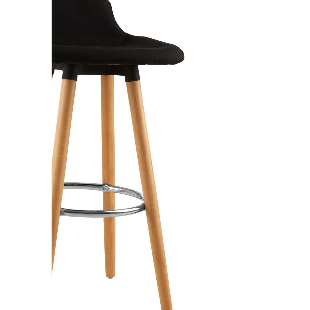 Black seat bar stool with wooden legs and metal footrest, side angle view