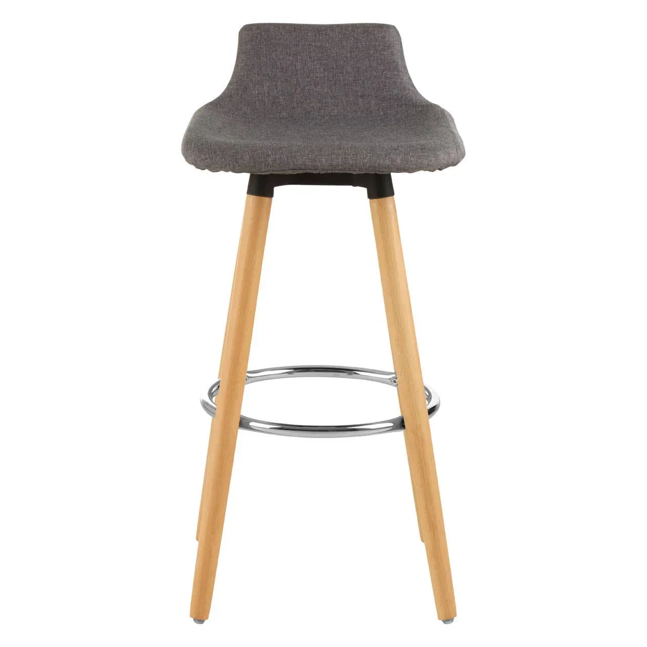 Grey fabric bar stool with low curved back, wooden legs and chrome footrest, front view