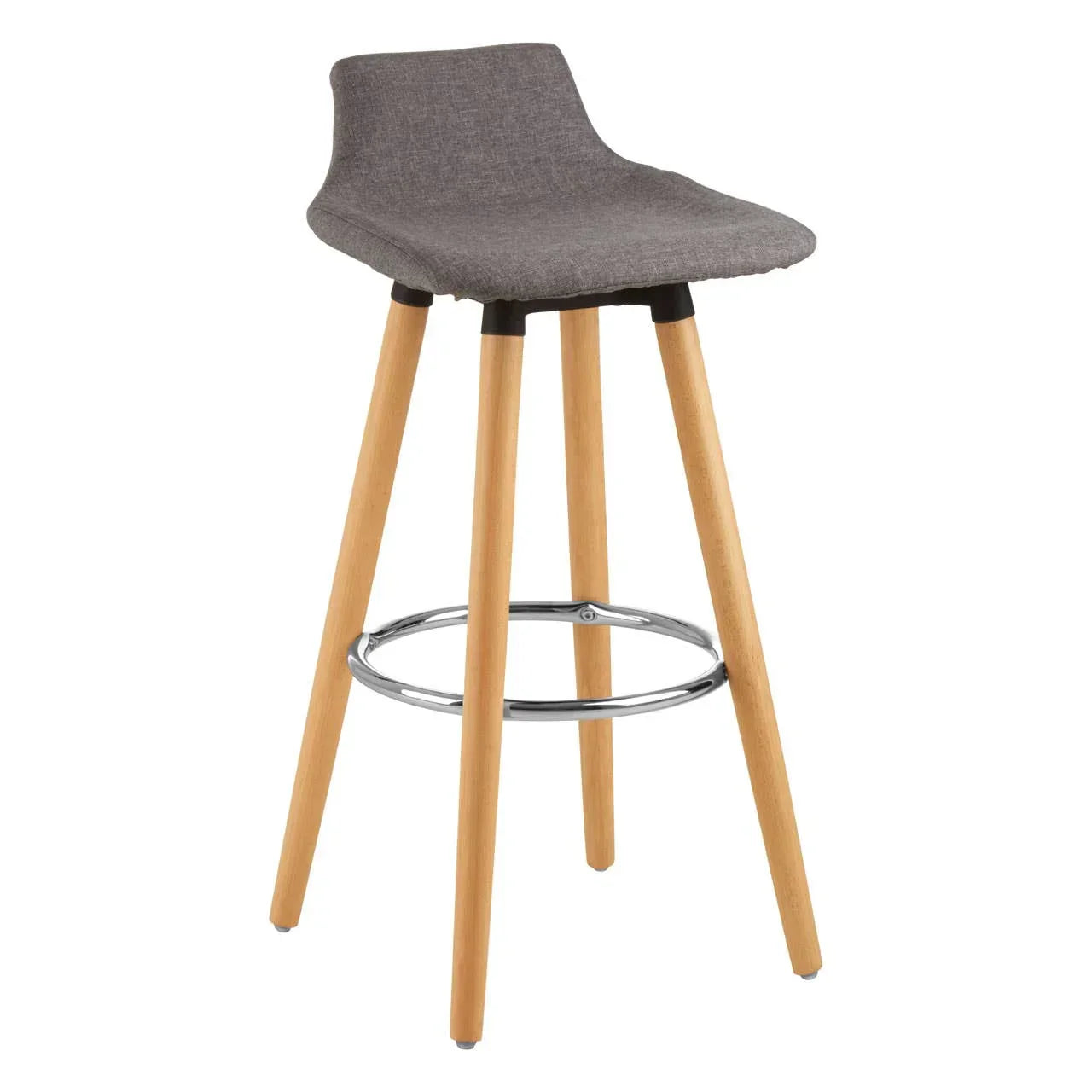 Grey fabric bar stool with wooden legs and chrome footrest, side angle view