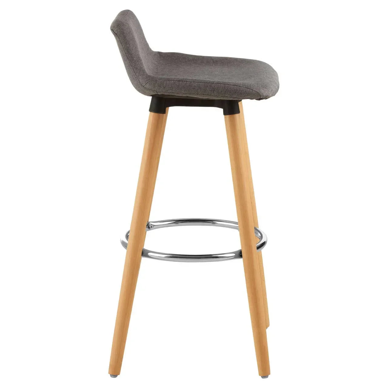 Grey upholstered bar stool with wooden legs and chrome footrest, side view