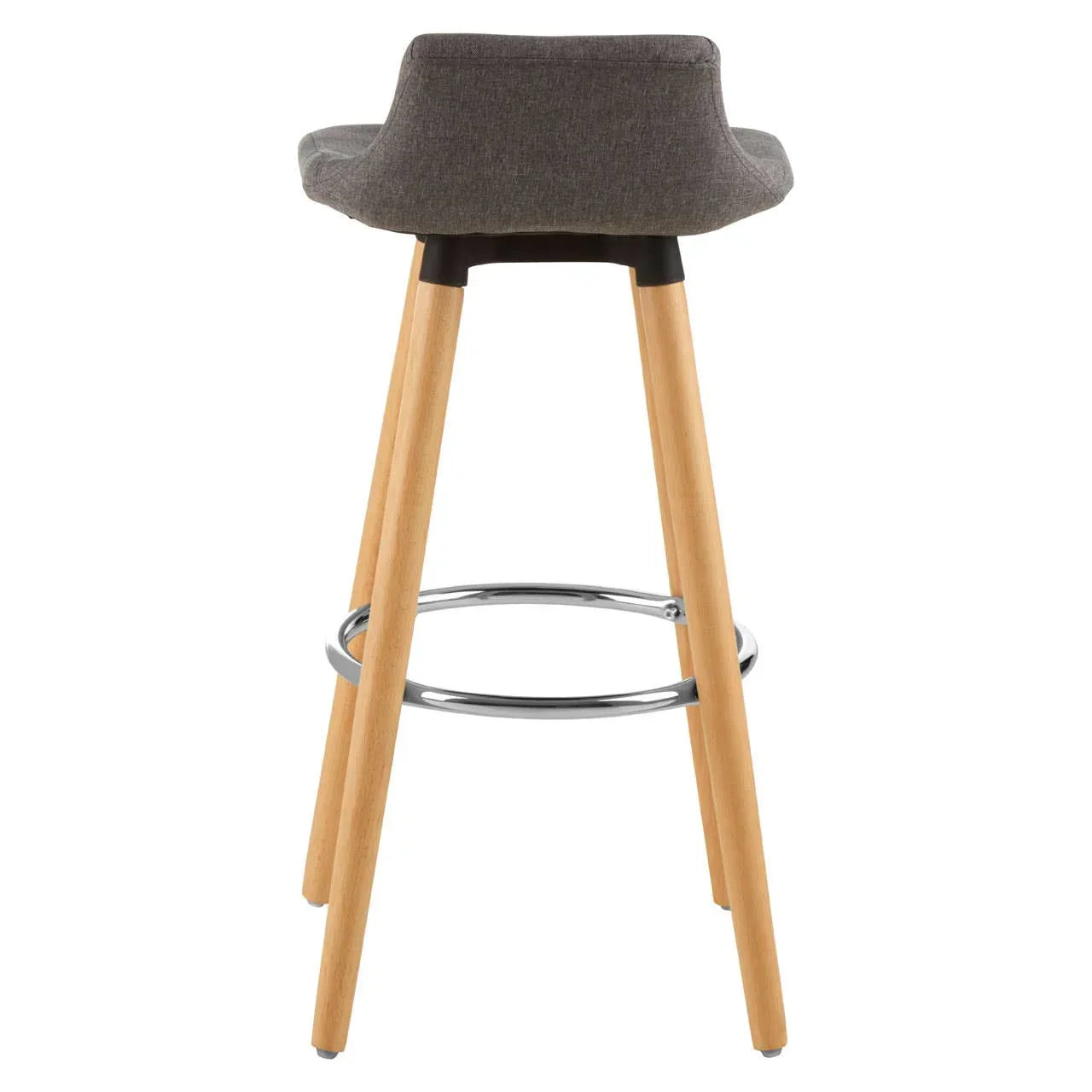 Grey fabric bar stool with wooden legs and chrome footrest, rear view