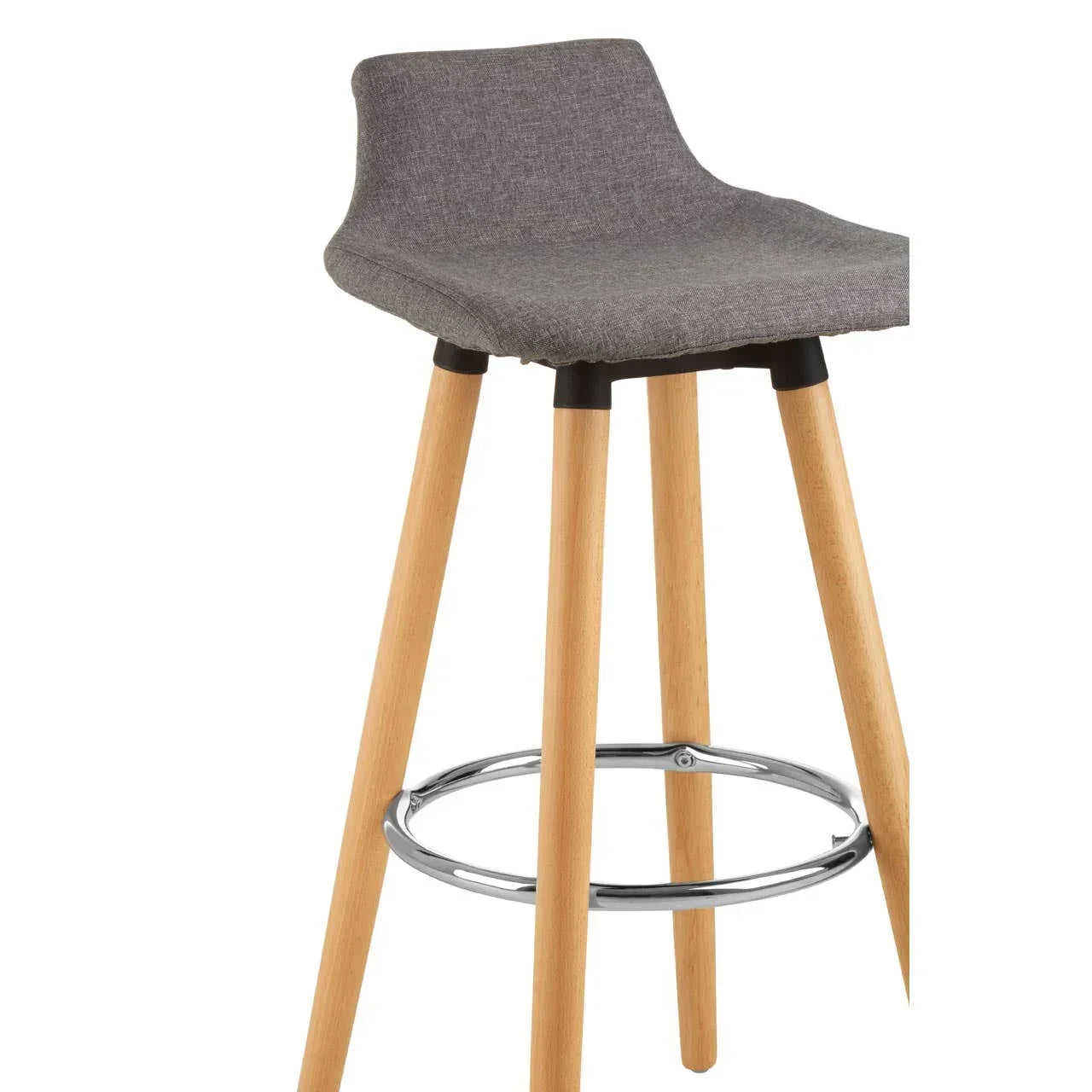 Grey fabric bar stool with wooden legs and chrome footrest, front angled view