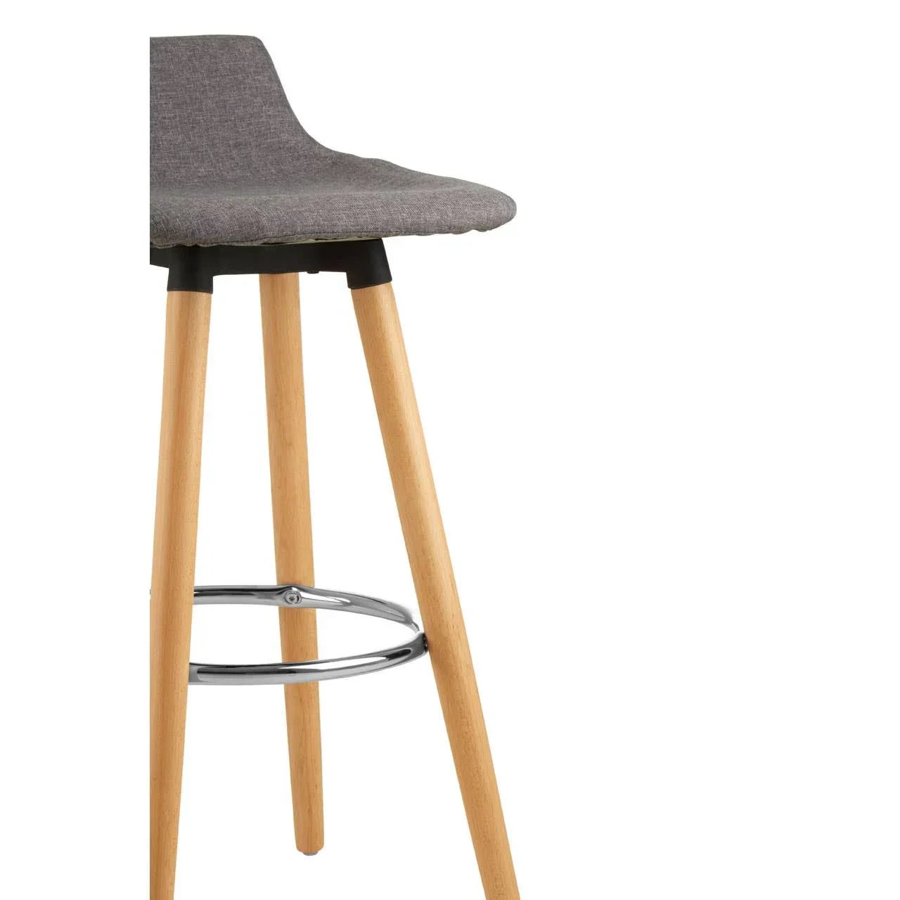 Grey fabric bar stool with wooden legs and chrome footrest, close side angle