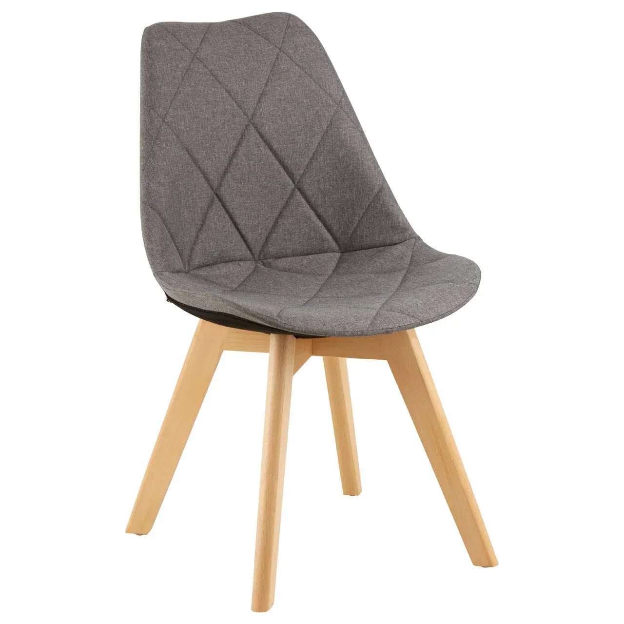 Grey fabric dining chair with diamond stitching and light wood legs, angled side view