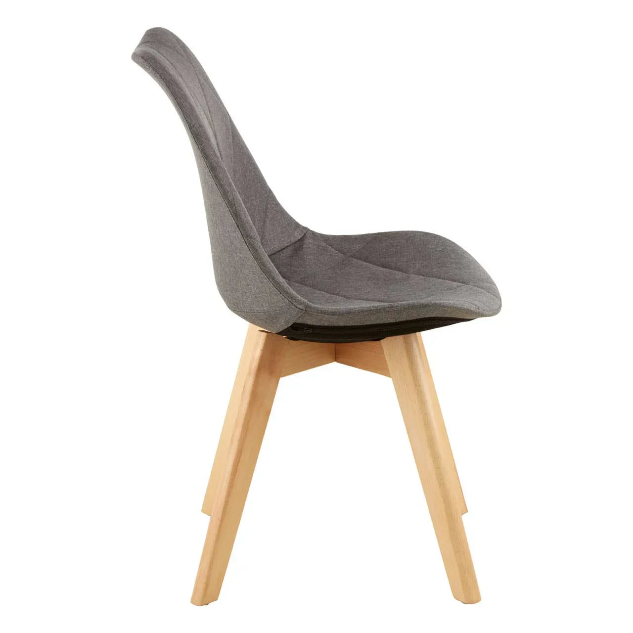 Grey fabric dining chair with curved back and light wood legs side view