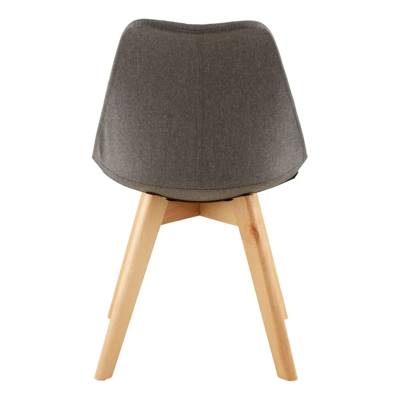 Gray fabric dining chair with wooden legs, rear view