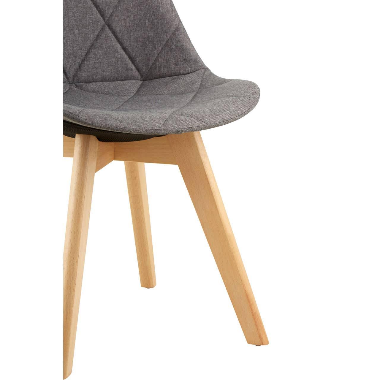 Grey upholstered dining chair with quilted seat and light wood legs close-up