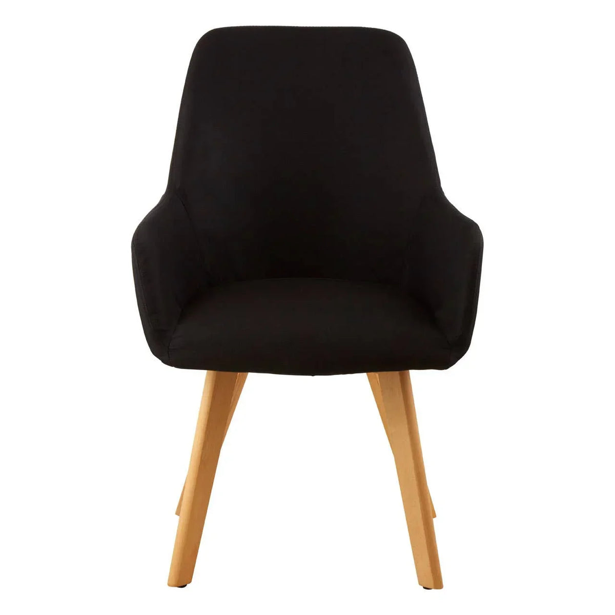 Black upholstered dining chair with wooden legs, front view