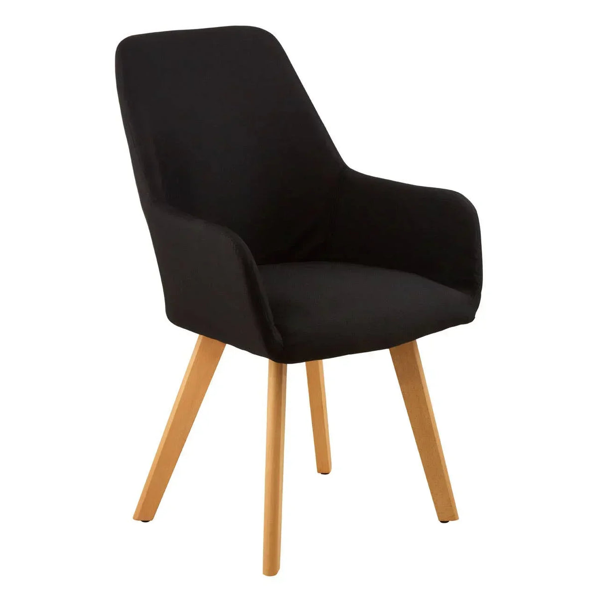Black fabric dining chair with wooden legs and curved armrests on white background