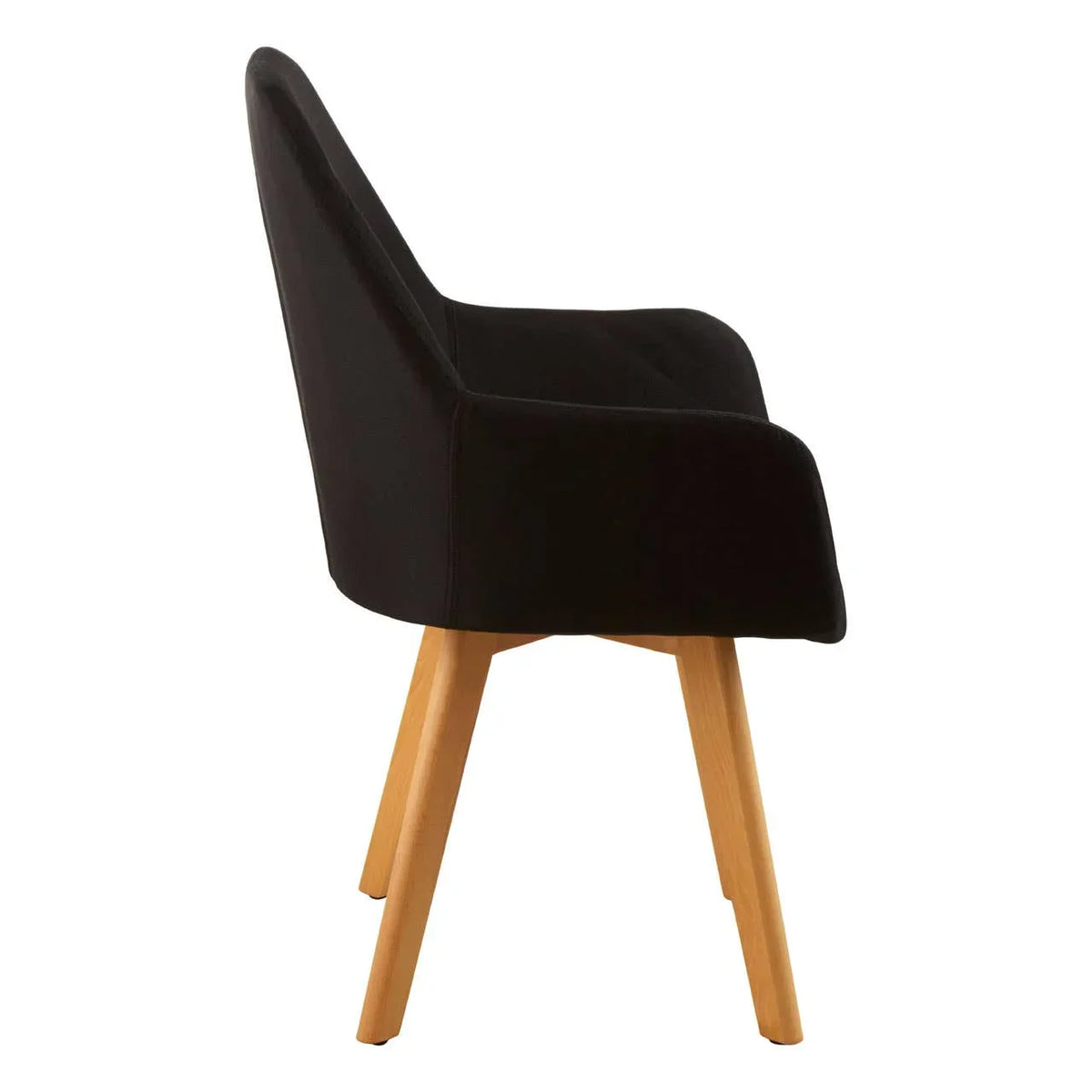 Black upholstered dining chair with wooden legs, side view