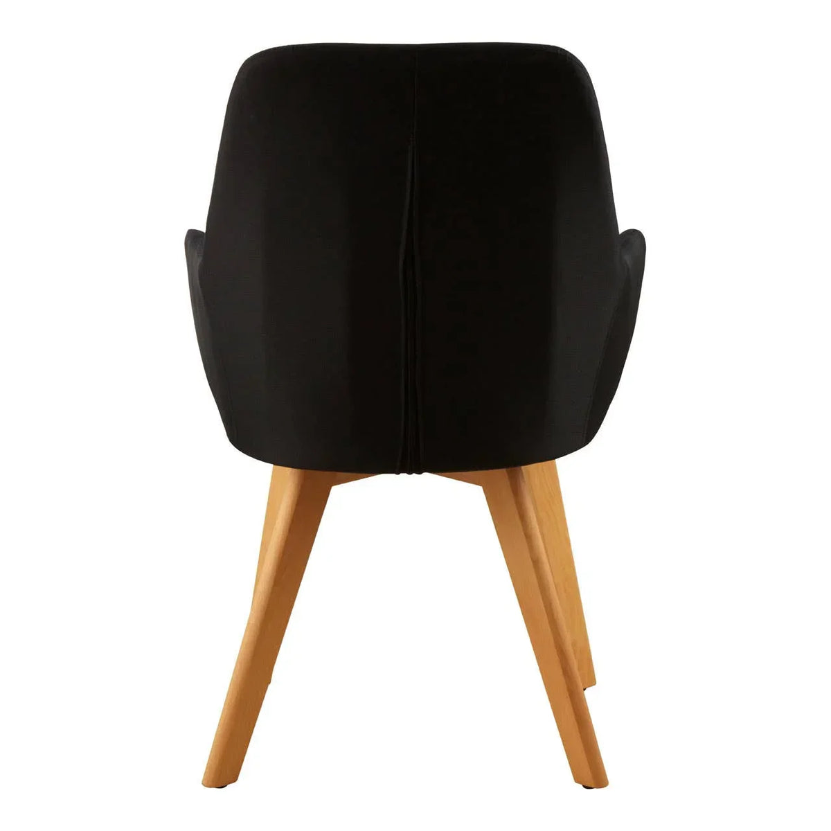 Black dining chair with wooden legs, rear view highlighting curved backrest