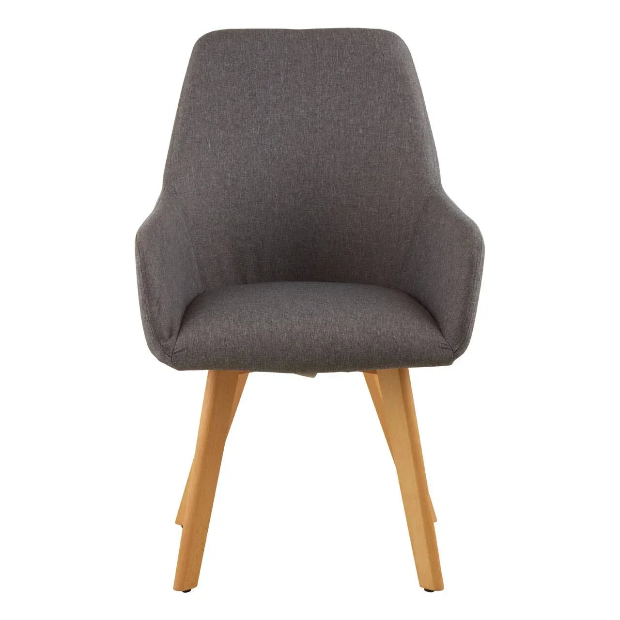 Grey fabric dining chair with wooden legs front view