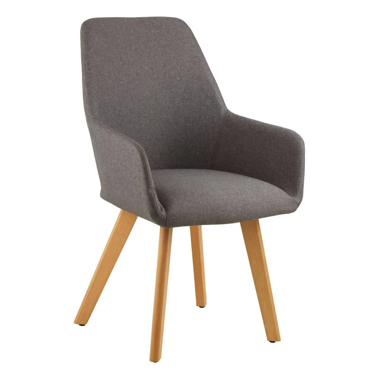 Grey upholstered dining chair with wooden legs and curved armrests