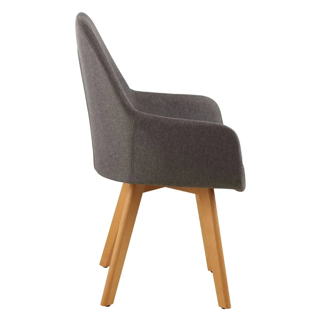 Side view of grey fabric dining chair with wooden legs