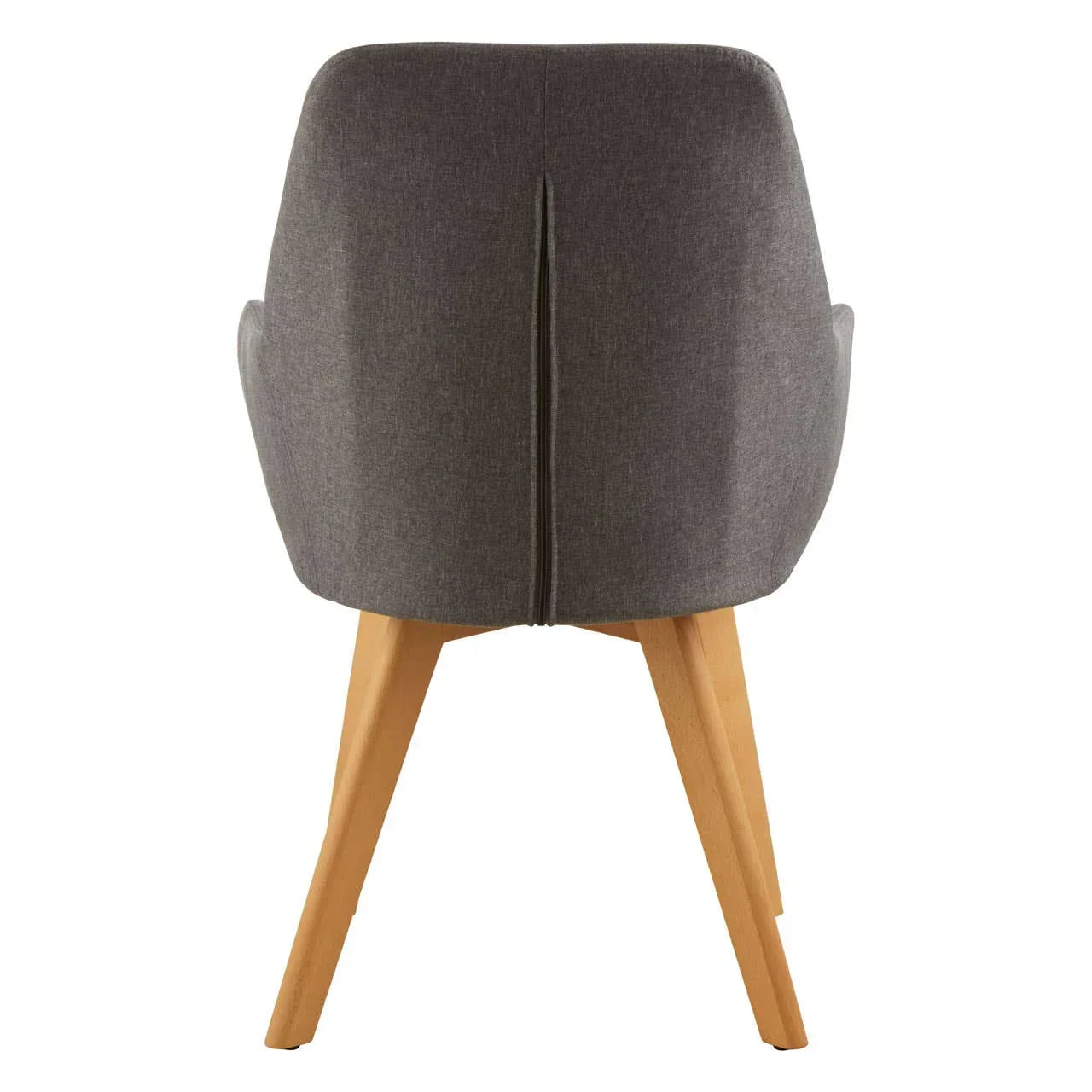 Rear view of grey fabric dining chair with wooden legs